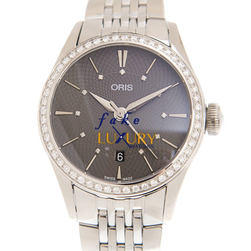 561 7722 4953 8 14 79 - Oris Classic Date Replica Watch - Gray Dial - Stainless Steel & Diamonds - Luxury Replica Watch