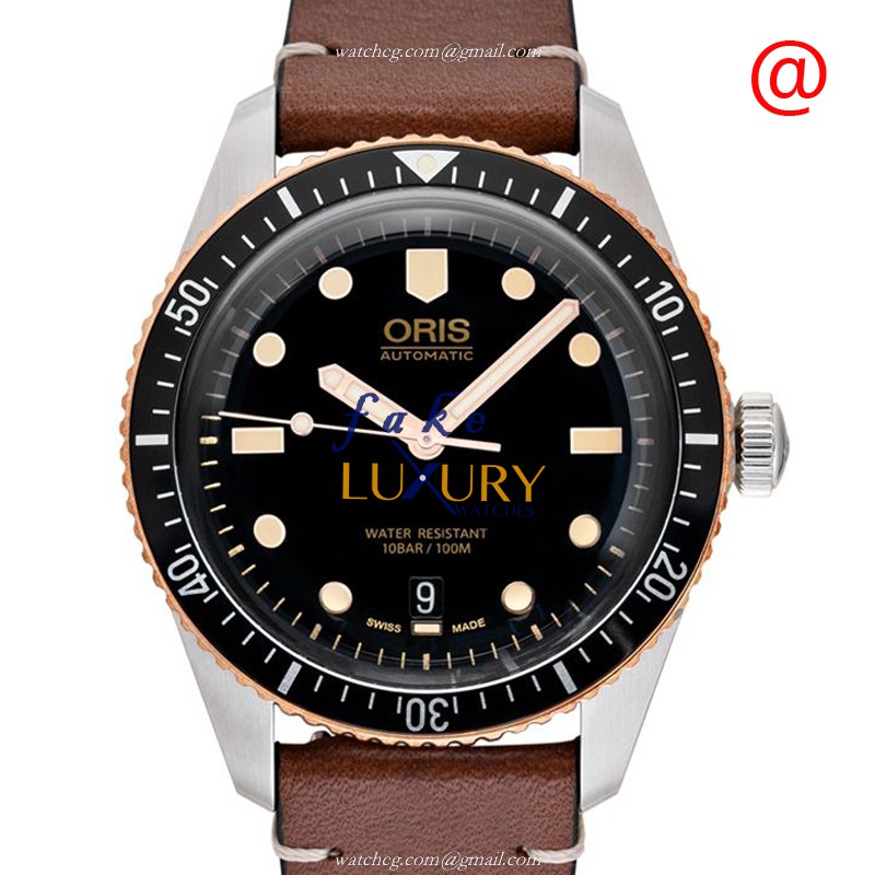 Oris DIVERS Automatic Stainless Steel 733 7707 4354-07 5 20 45 Black Dial Brown Strap Replica Watch - Luxury Replica Watch