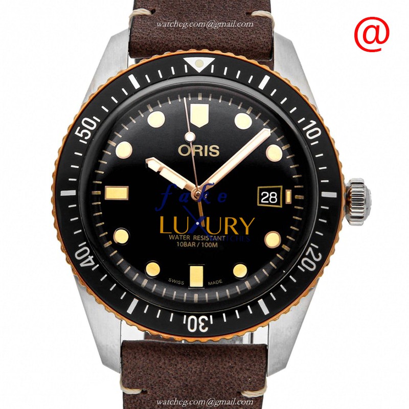 Oris 733 7720 4354-07 5 21 44 DIVERS Automatic Replica Watch, Black Dial, Steel Case, Brown Leather - Luxury Replica Watch