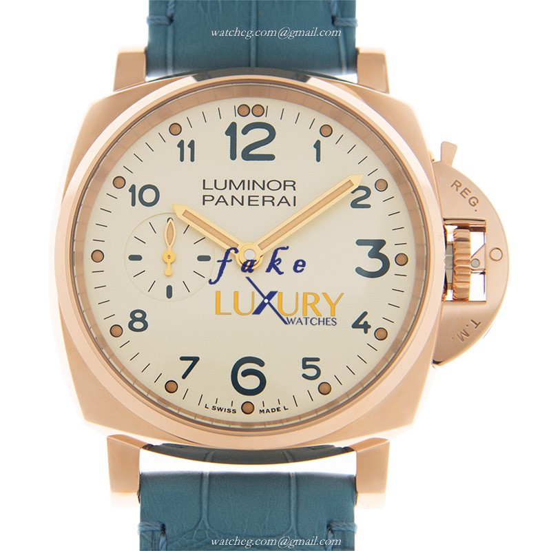 Panerai PAM00741 LUMINOR DUE Manual Wind 18kt Rose Gold - Beige Dial - Light Blue Alligator Strap - Luxury Replica Watch