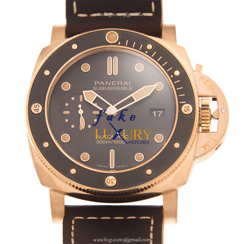 Panerai PAM00968 SUBMERSIBLE Bronze Automatic Replica Watch, 47mm, Brown Dial & Brown Leather Strap - Luxury Replica Watch