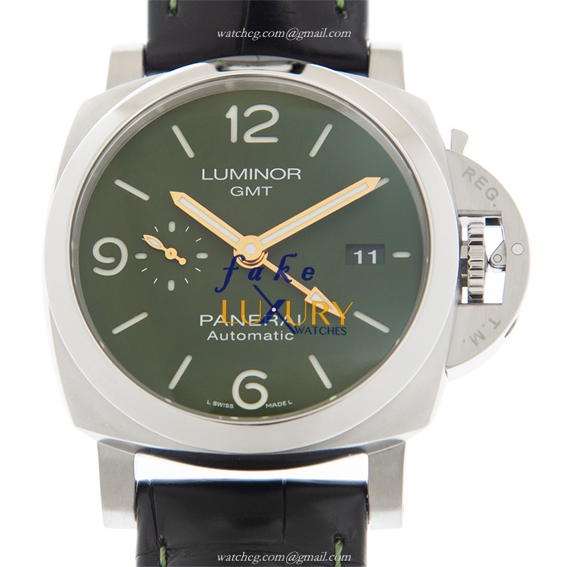 Panerai PAM01056 LUMINOR Automatic GMT Green Dial Black Alligator Steel Case Replica Watch - Luxury Replica Watch