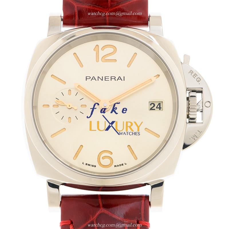 Panerai PAM01248 Luminor Due Replica Watch, Automatic, Silver Dial, Steel Case, Red Alligator Strap - Luxury Replica Watch