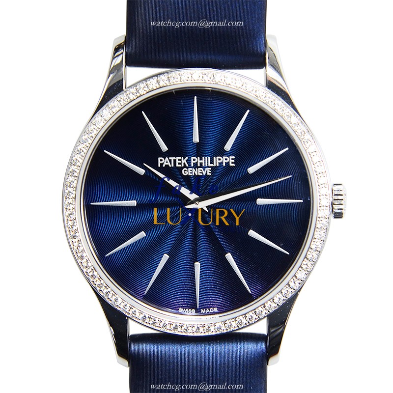 Patek Philippe 4897G-001 Replica Watch Manual Wind 18kt White Gold Diamond Blue Dial Satin Strap - Luxury Replica Watch