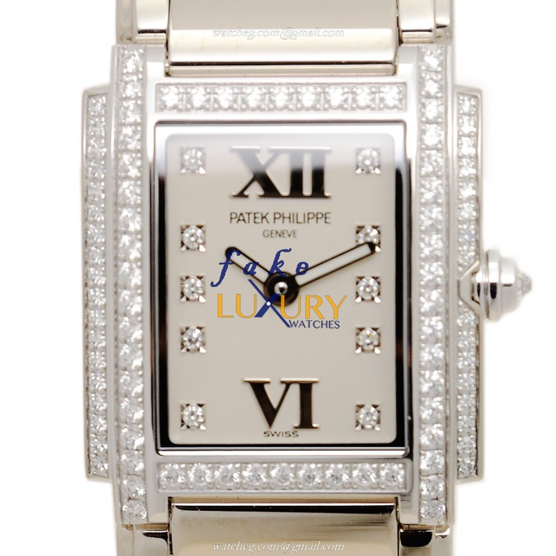 Patek Philippe 4908/200G-011 Replica Watch, White Dial, 18kt White Gold & Diamond Case, Quartz - Luxury Replica Watch