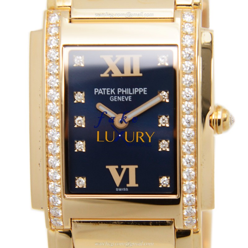 Patek Philippe 4910-11R-012 Replica Watch, Quartz, Blue Dial, 18kt Rose Gold Case & Diamonds, Gold - Luxury Replica Watch