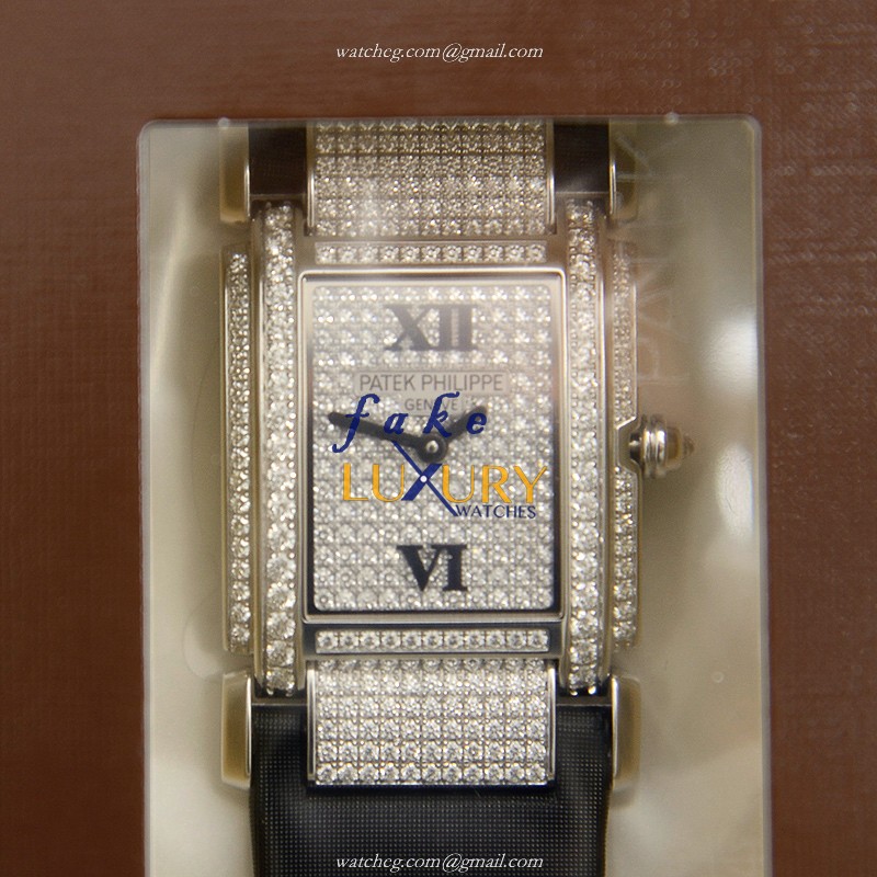 Patek Philippe 4910G-001 Replica Watch, Quartz, Silver Dial, 18kt White Gold & Diamond Case, Black - Luxury Replica Watch