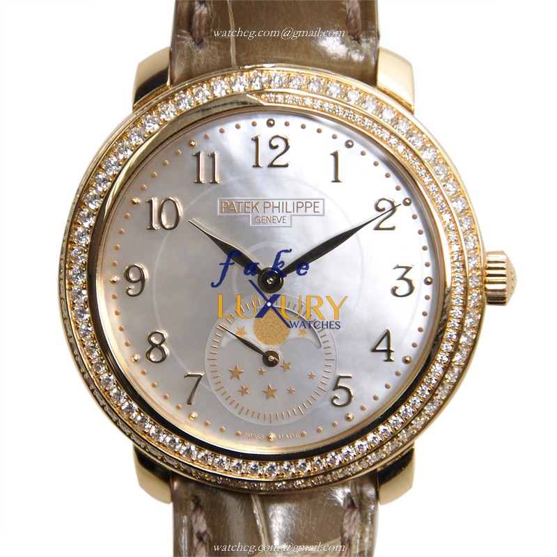 4968R-001 - Patek Philippe Replica Watch 4968R-001 Manual Wind Rose Gold Diamonds White Dial Brown - Luxury Replica Watch