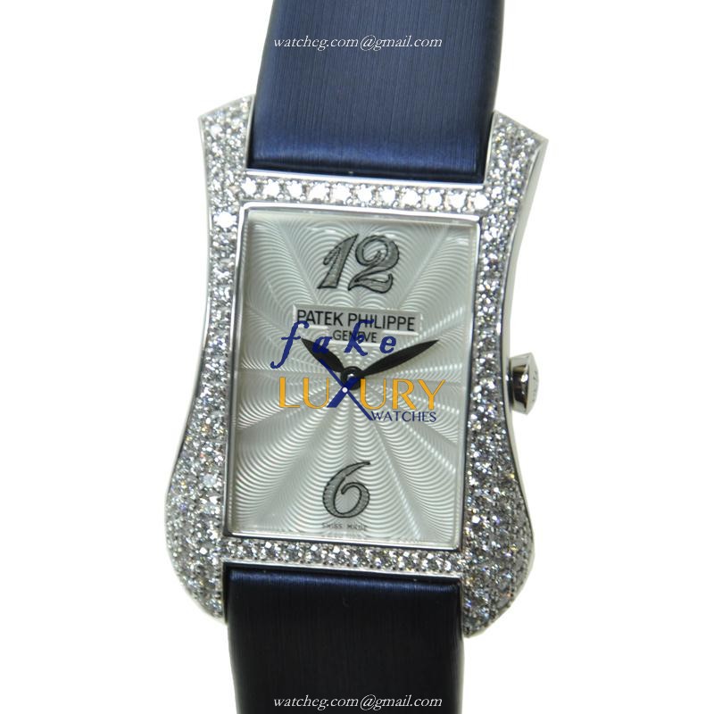 Patek Philippe 4972G-001 Gondolo Quartz 18kt White Gold Diamond Gray Dial Blue Satin Strap Replica - Luxury Replica Watch