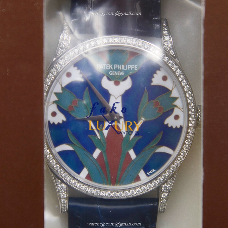 Patek Philippe 5077/100G-018 Replica Watch, Blue Enamel Dial, White Gold & Diamond Case, Automatic - Luxury Replica Watch