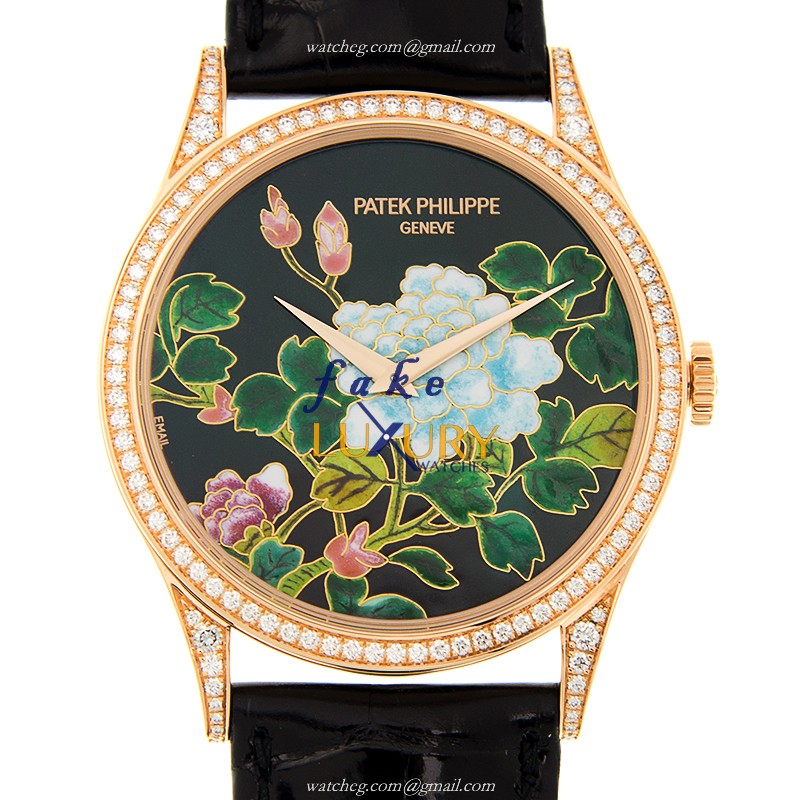 Patek Philippe 5077/100R-027 Calatrava Replica Watch, Black Dial, Rose Gold & Diamonds Case - Luxury Replica Watch