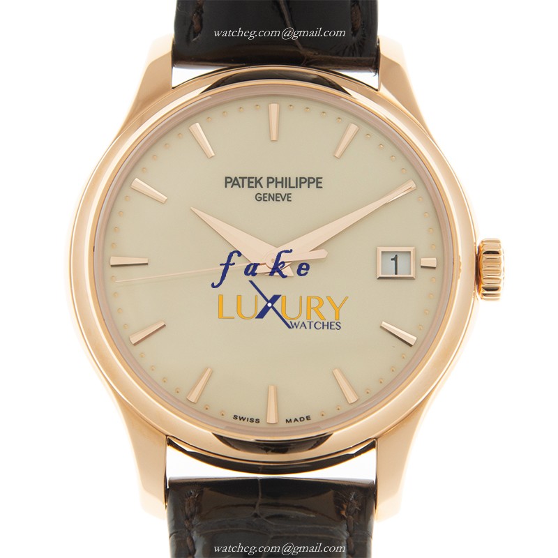 Patek Philippe 5227R-001 Calatrava Replica Watch, Beige Dial, Rose Gold Case, Brown Alligator Strap - Luxury Replica Watch