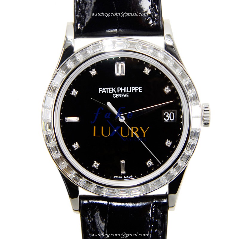 Patek Philippe Calatrava 5298P-012 Automatic 18kt White Gold Diamond Black Dial Replica Watch - Luxury Replica Watch