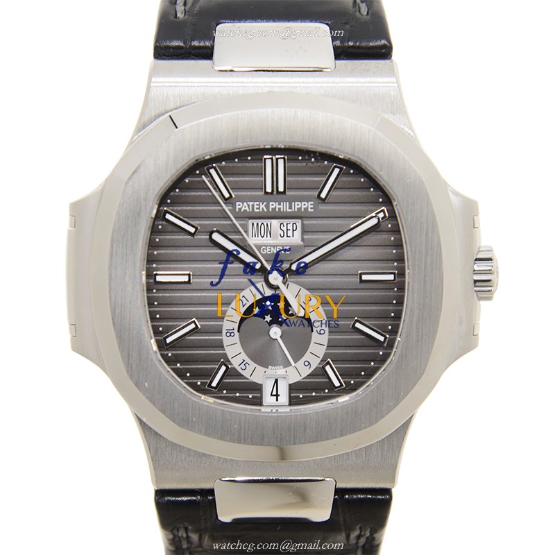 Patek Philippe 5726A-001 Nautilus Replica Watch, Black Dial, Steel Case, Alligator Strap - Luxury Replica Watch