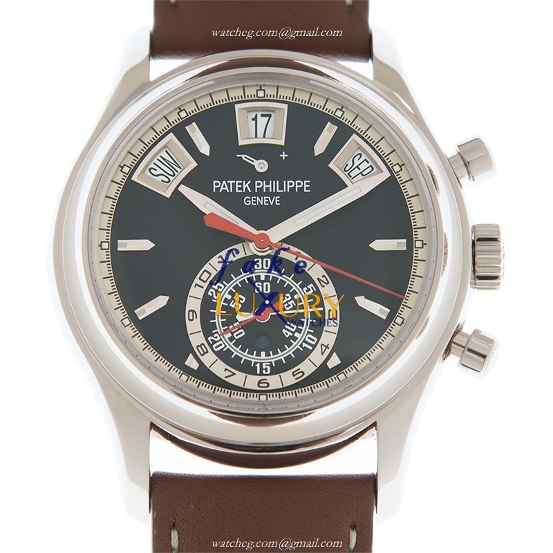 Patek Philippe 5960-01G-001 Replica Watch, Automatic, Blue Dial, 18kt White Gold Case, Brown Strap - Luxury Replica Watch