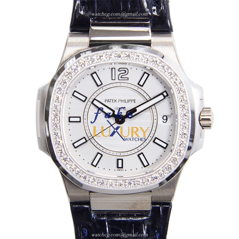 Patek Philippe 7010G-001 Nautilus Replica Watch, Quartz, Silver Dial, 18kt White Gold & Diamond Case - Luxury Replica Watch