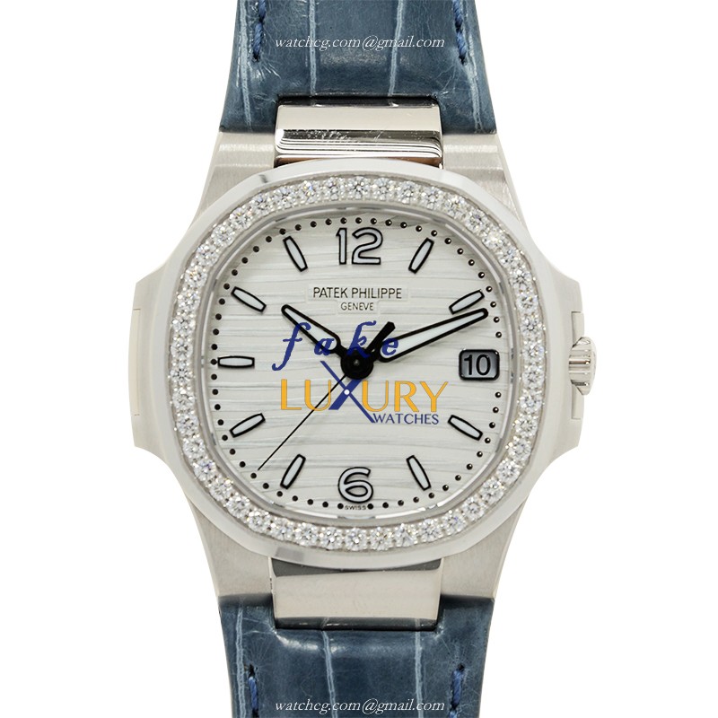 Patek Philippe 7010G-011 Nautilus Quartz 18kt White Gold Diamond Silver Dial Blue Strap Replica - Luxury Replica Watch