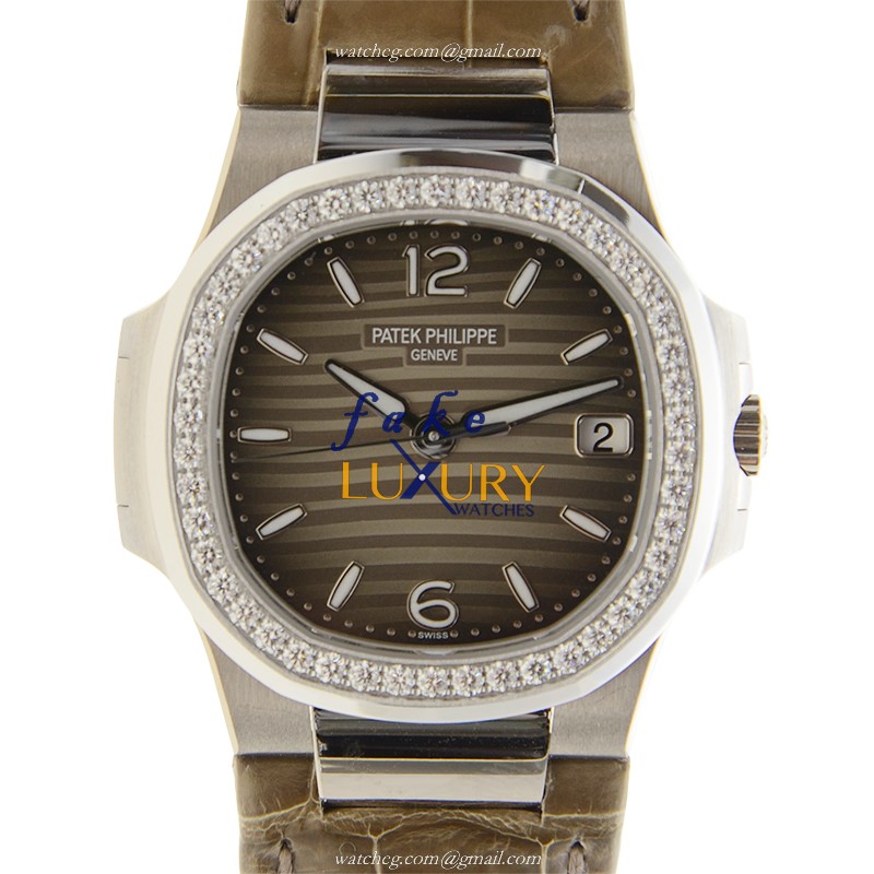 Patek Philippe Nautilus 7010G-012 Quartz 18kt White Gold Diamond Gray Dial Brown Alligator Replica - Luxury Replica Watch