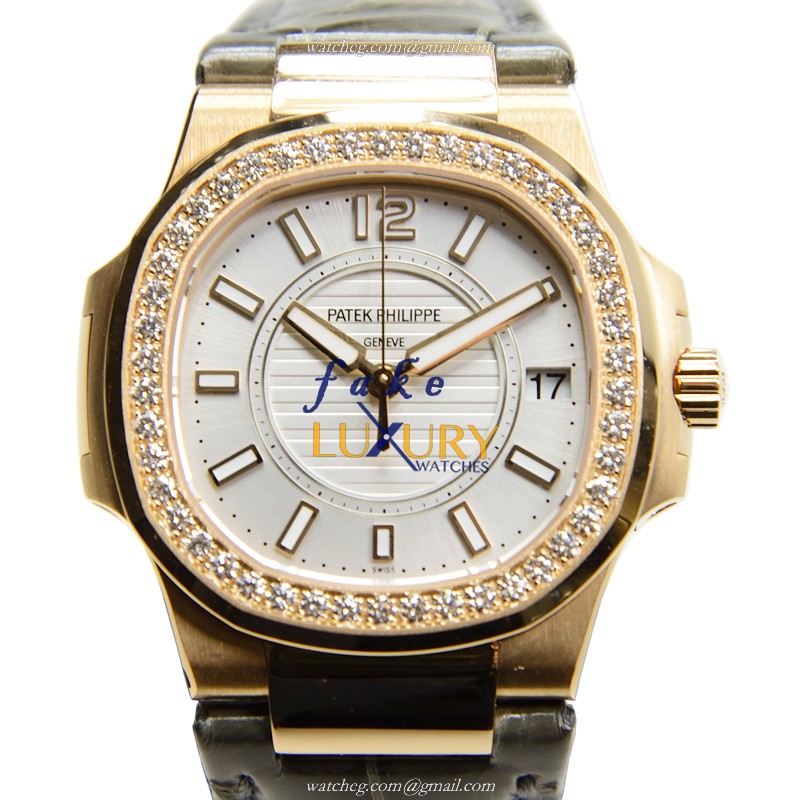 Patek Philippe 7010R-001 Nautilus Replica Watch, Quartz, 32mm, White Dial, Rose Gold & Diamonds - Luxury Replica Watch