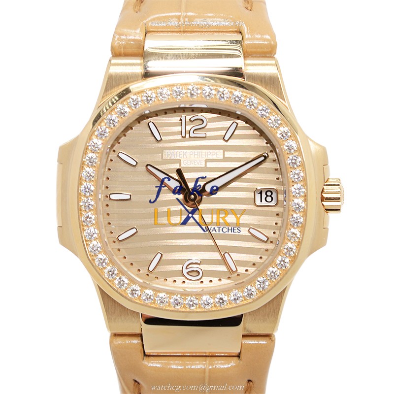 Patek Philippe 7010R-012 Nautilus Replica Watch 32mm 18kt Rose Gold Diamonds Quartz Gold Dial - Luxury Replica Watch