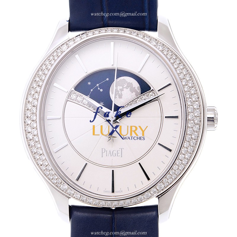 Piaget G0A0111 Replica Watch Automatic White Dial 18kt White Gold Diamond Blue Alligator Strap - Luxury Replica Watch