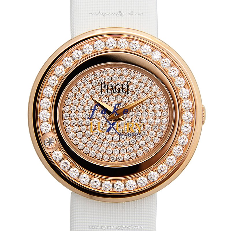 Piaget G0A37189 POSSESSION Replica Watch Quartz 18kt Rose Gold Diamonds Gold Dial White Satin Strap - Luxury Replica Watch