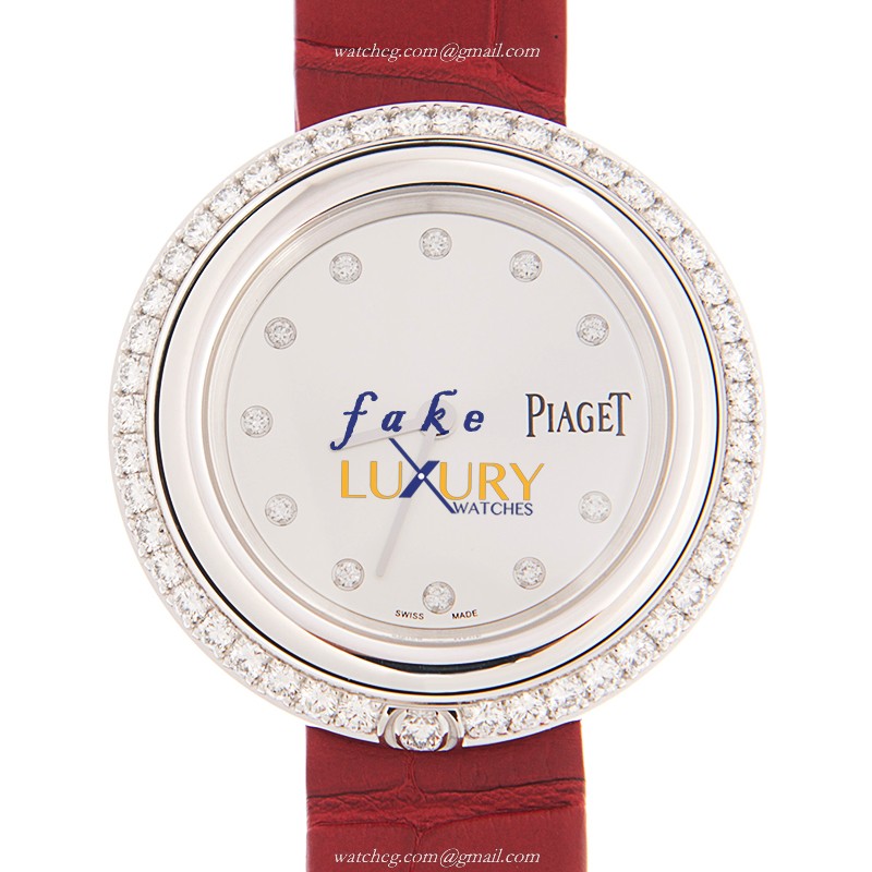 Piaget POSSESSION G0A43094 Quartz 34mm 18kt White Gold Diamond Silver Dial Red Alligator Replica - Luxury Replica Watch