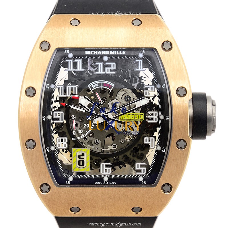 Richard Mille RM030 Replica Watch, Automatic, Transparent Skull Dial, 18kt Rose Gold Case, Black - Luxury Replica Watch