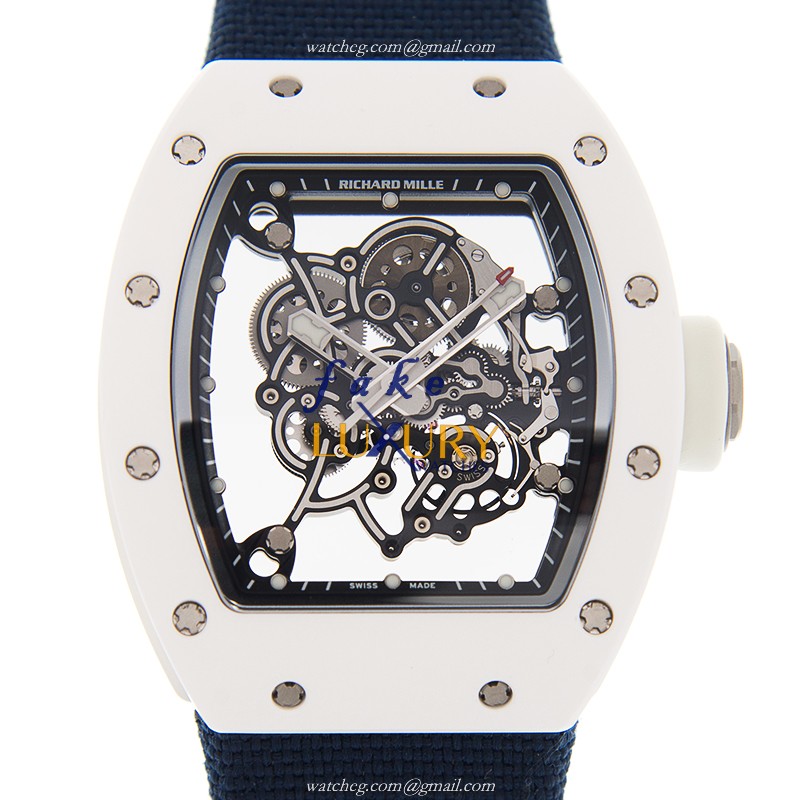 RM055 - Richard Mille RM055 Replica Watch Manual Wind Ceramic Transparent Skull Dial Blue Canvas - Luxury Replica Watch