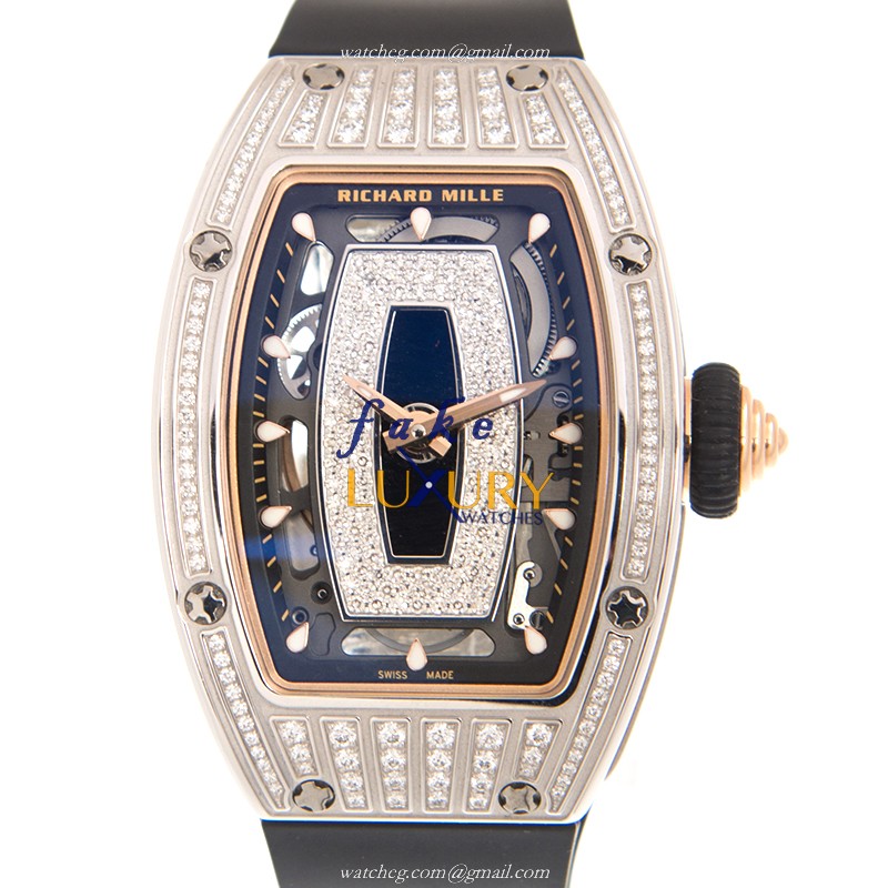 Richard Mille RM07-01 WG BLACK Automatic 18kt White Gold Diamond Silver Dial Rubber Strap Replica - Luxury Replica Watch