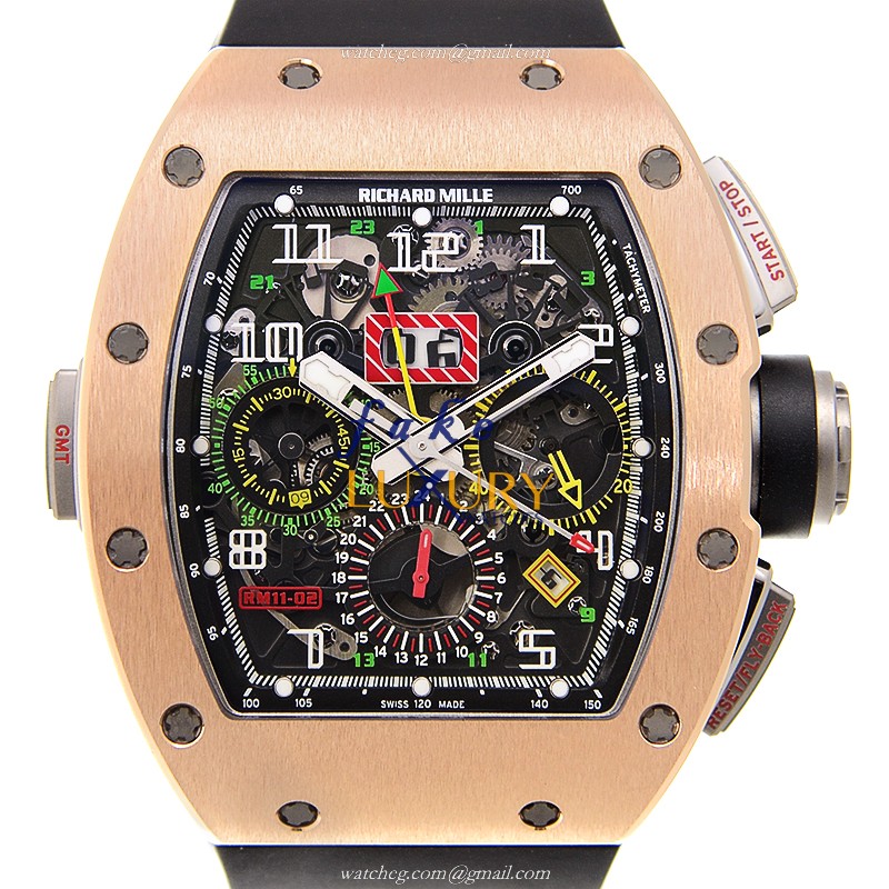 Richard Mille RM11-02 Automatic 18kt Rose Gold Black Dial Rubber Replica Watch - Luxury Replica Watch