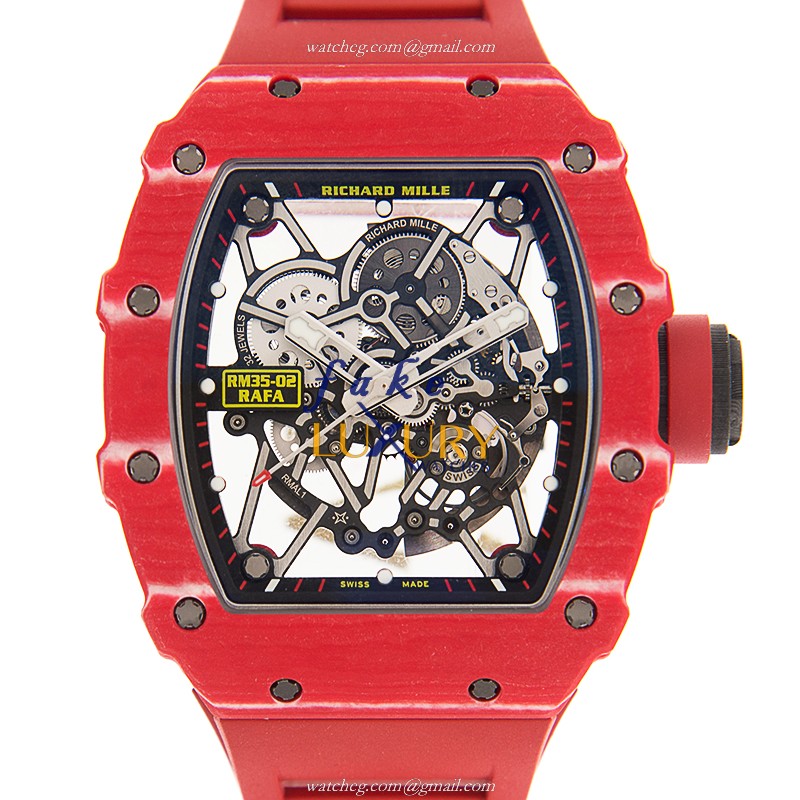 Richard Mille RM35-02 FQ NTPT Carbon Fiber Automatic Transparent Skull Red Rubber Replica Watch - Luxury Replica Watch