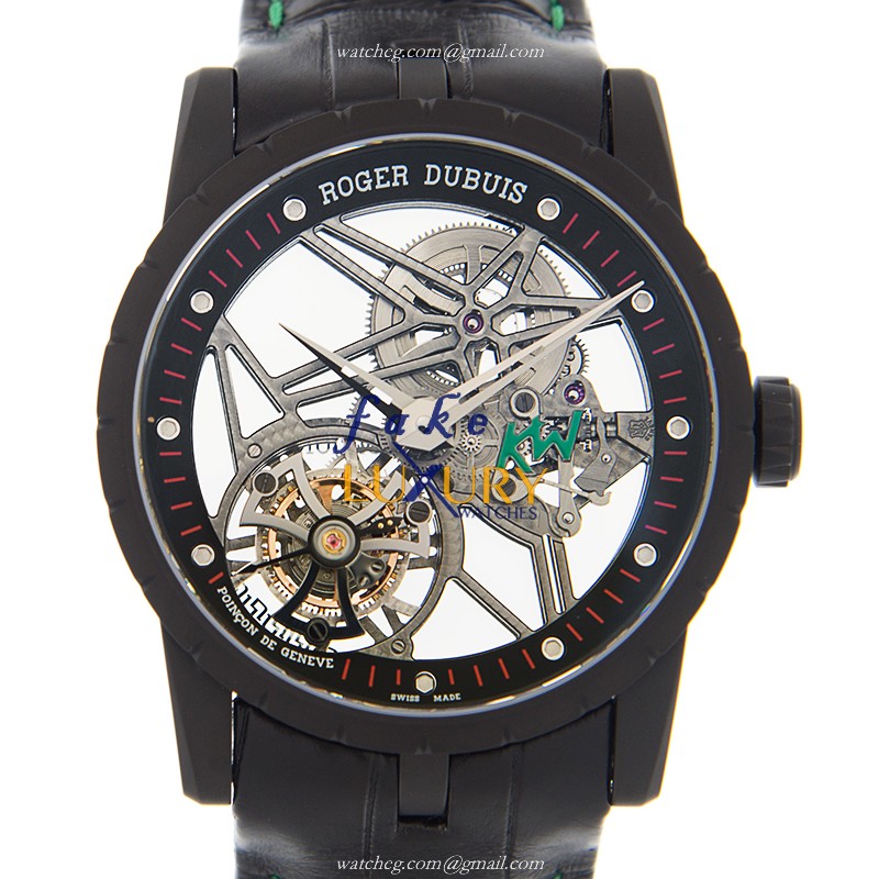 Roger Dubuis DBEX0581 Excalibur Replica Watch, Automatic, Transparent Skull Dial, Steel Case, Black - Luxury Replica Watch