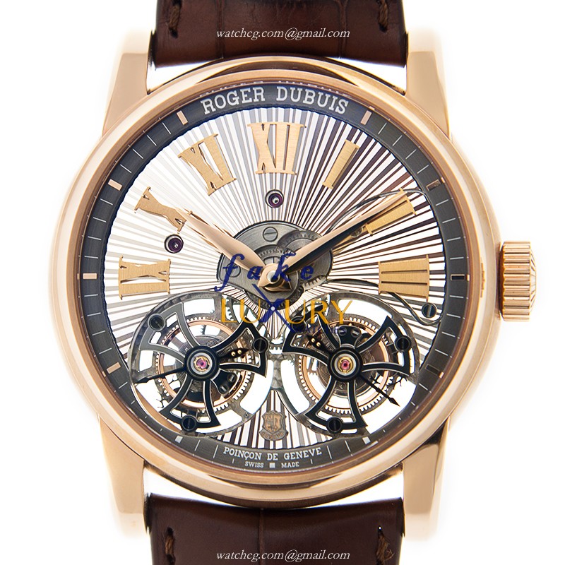 Roger Dubuis DBHO0563 Hommage Replica Watch, Manual Wind, Rose Gold Case, Transparent Skull Dial - Luxury Replica Watch