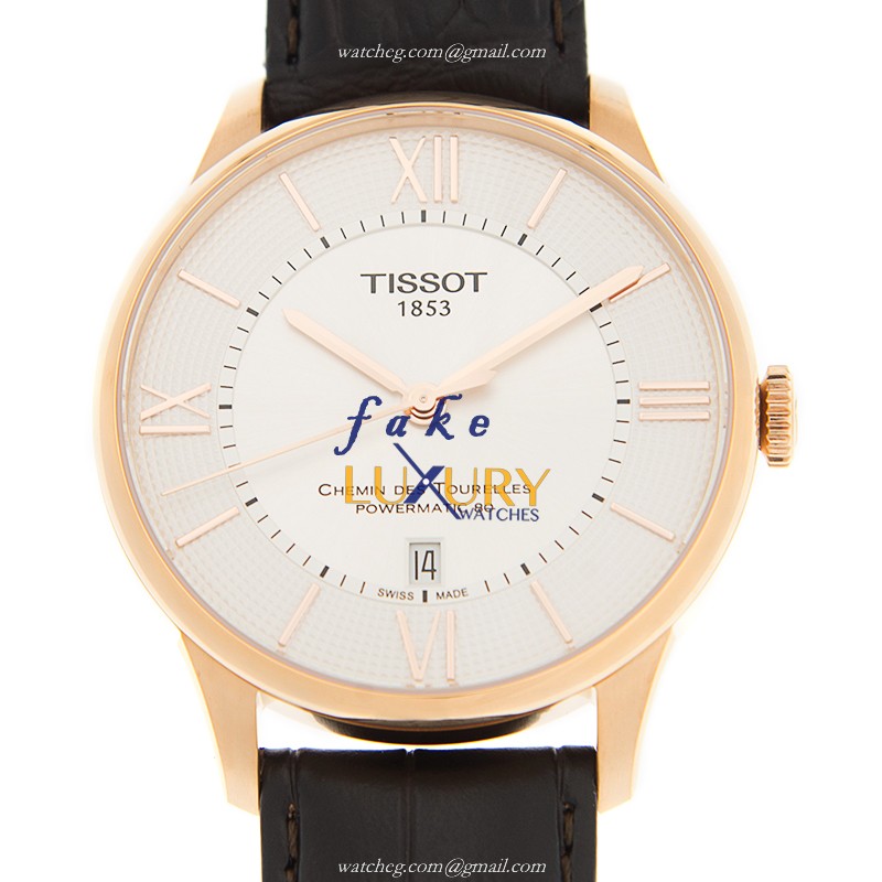 Tissot T-CLASSIC T099.407.36.038.00 Automatic 18kt Rose Gold Silver Dial Brown Leather Replica Watch - Luxury Replica Watch