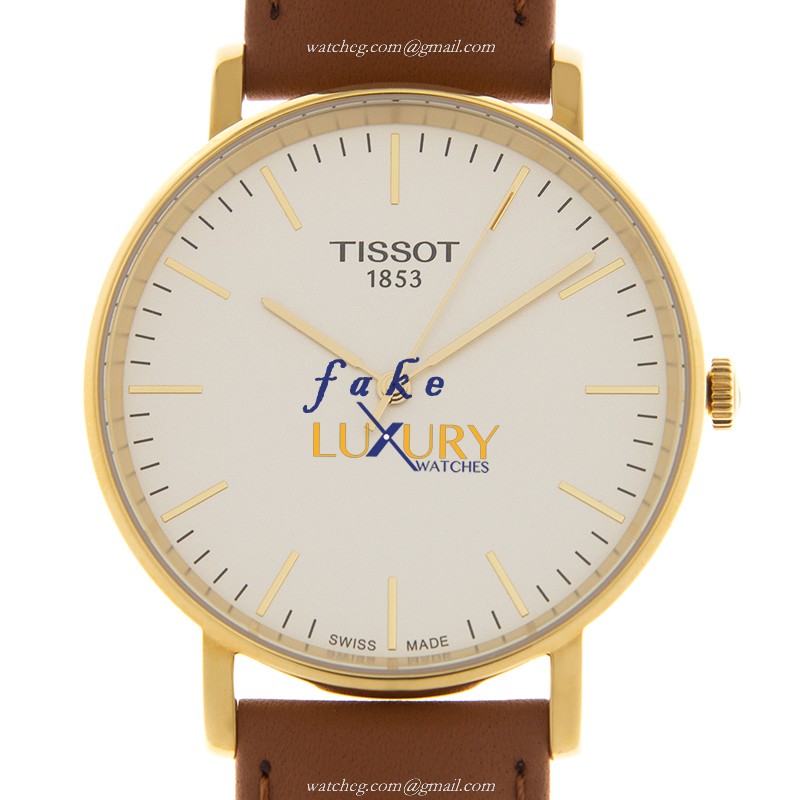 Tissot EverTime Automatic Gold-Plated Stainless Steel Silver Dial T109.410.36.031.00 Brown Leather - Luxury Replica Watch