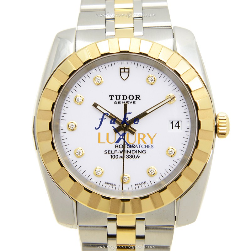 Tudor 21013-62583-10DI-WT CLASSIQUE Automatic Gold & Steel Replica Watch - Swiss Movement, White - Luxury Replica Watch