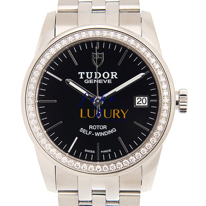 Tudor 55020-D-68050-BK GLAMOUR DATE Automatic Stainless Steel & Diamond Replica Watch, Black Dial - Luxury Replica Watch