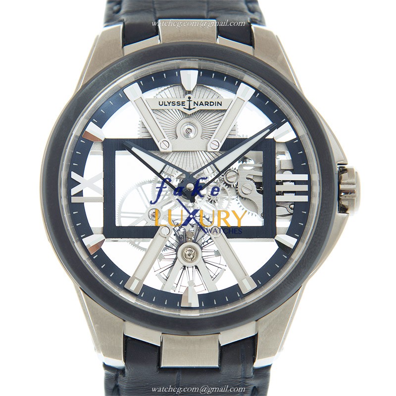 Ulysse Nardin 3713-260/03 Skeleton X Replica Watch, Manual Wind Titanium, Blue Leather Strap - Luxury Replica Watch