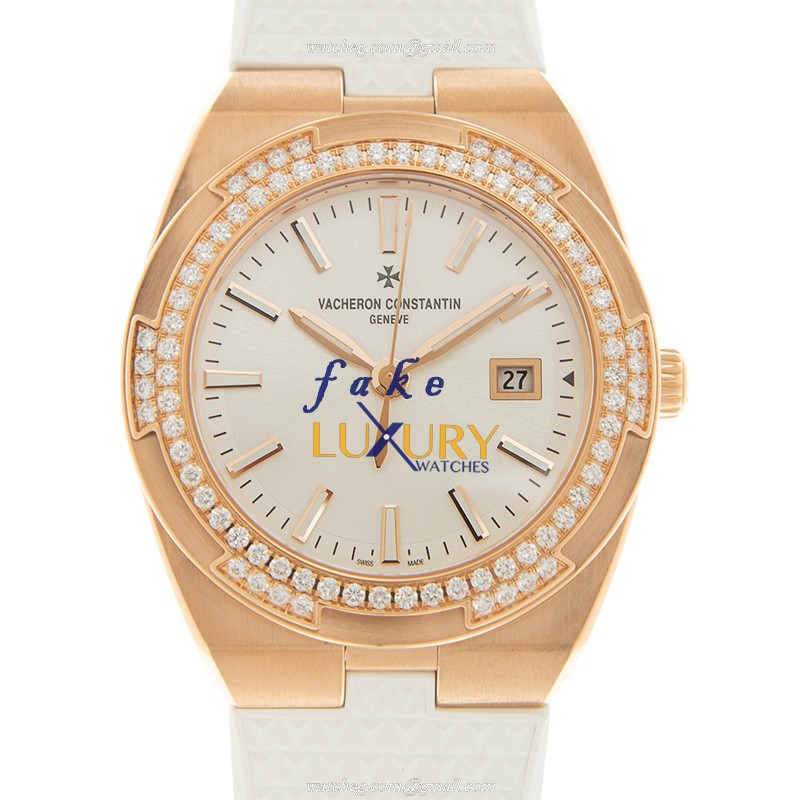 Vacheron Constantin 1205V/000R-B592 Overseas Quartz 33mm Rose Gold Diamonds Silver Dial Replica - Luxury Replica Watch
